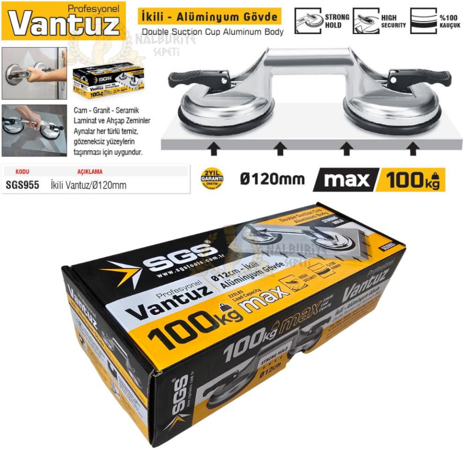 SGS Alüminyum Gövde Profesyonel Vantuz - İkili 100 kg.