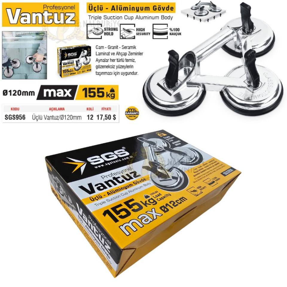 SGS Alüminyum Gövde Profesyonel Vantuz - Üçlü 155 kg.