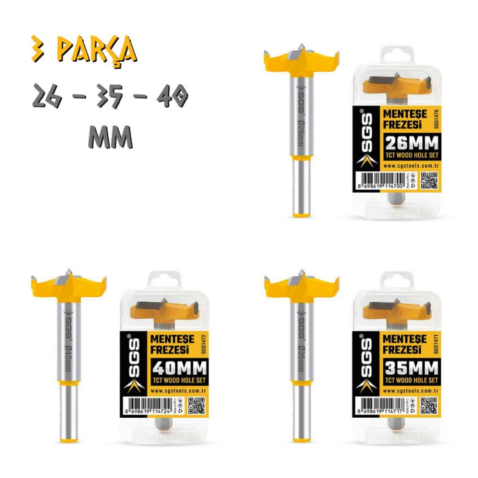 SGS Menteşe Frezesi Matkap Ucu Seti - 26-35-40 mm. - 3 Parça
