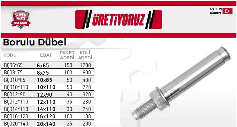 Made Borulu Çelik Dübel 12x110 mm. - 5 Adet