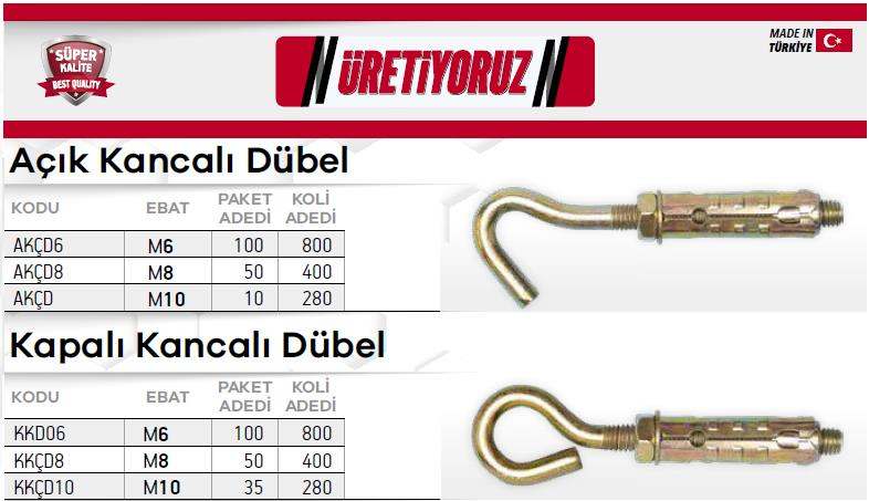 Made Kapalı Kancalı Çelik Dübel M10 - 1 Adet