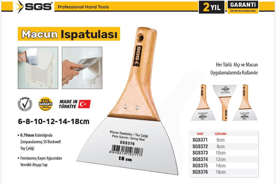 SGS Ahşap Saplı Çelik Macun Spatula 18 cm.