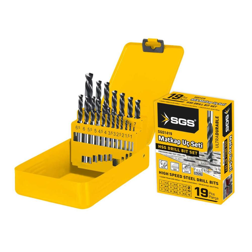 SGS HSS Matkap Ucu Seti - Metal-İnox-Ahşap-Plastik - 1-10 mm arası 19 Parça