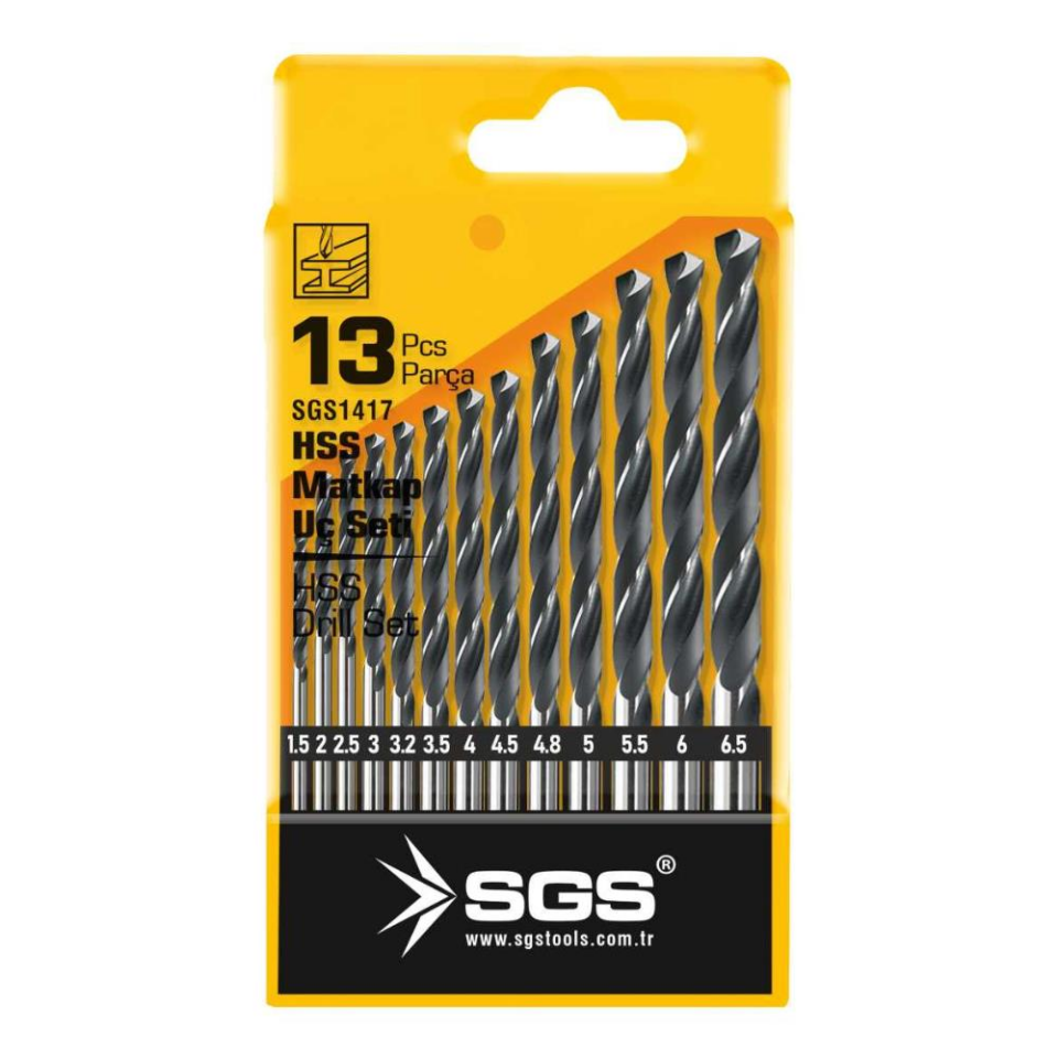 SGS HSS Matkap Ucu Seti - Metal-İnox-Ahşap-Plastik - 1.5-6.5 mm arası 13 Parça