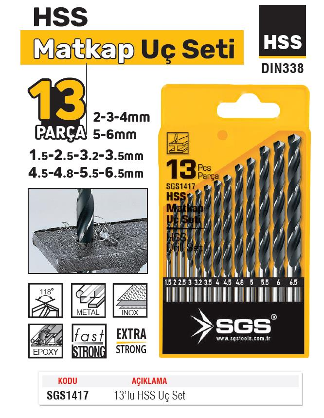 SGS HSS Matkap Ucu Seti - Metal-İnox-Ahşap-Plastik - 1.5-6.5 mm arası 13 Parça