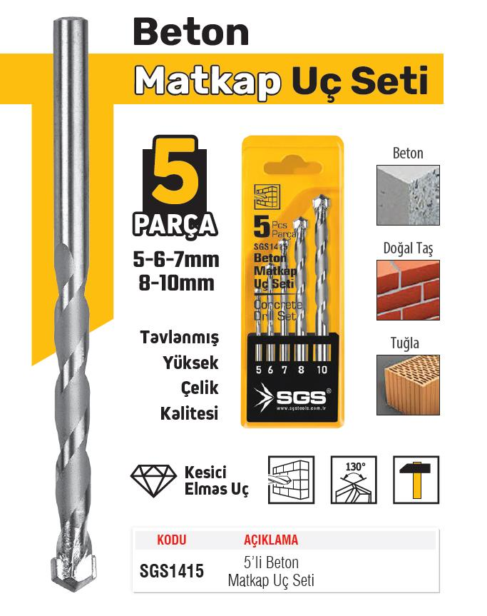 SGS Elmas Matkap Ucu Seti - Beton-Taş-Tuğla-Duvar - 5-6-7-8-10 mm. - 5 Parça