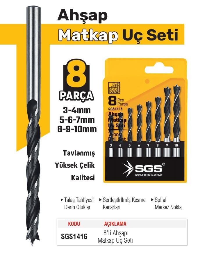 SGS HSS Ahşap Matkap Ucu Seti - 3-10 mm Arası - 8 Farklı Parça
