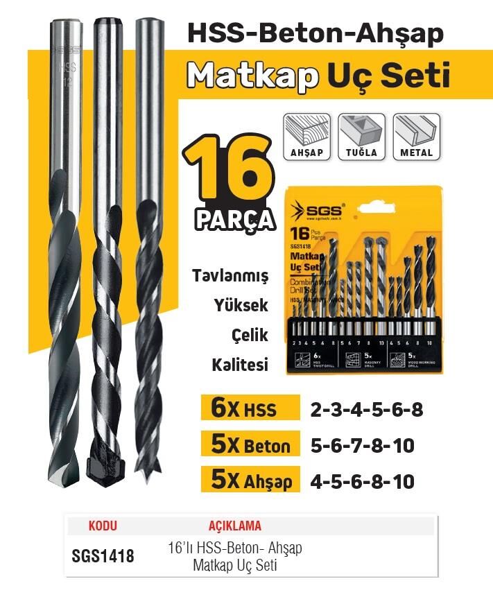 SGS Karışık Matkap Ucu Seti - HSS Metal-Elmas Beton-Ahşap - 16 Parça