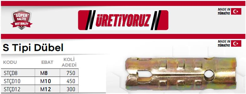 Made S Tipi Çelik Dübel M10 - 10 Adet