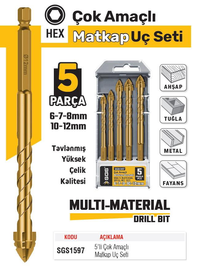 SGS Çok Amaçlı Hex Matkap Ucu Seti - Fayans-Ahşap-Metal-Tuğla - 6-7-8-10-12 mm. 5 Parça