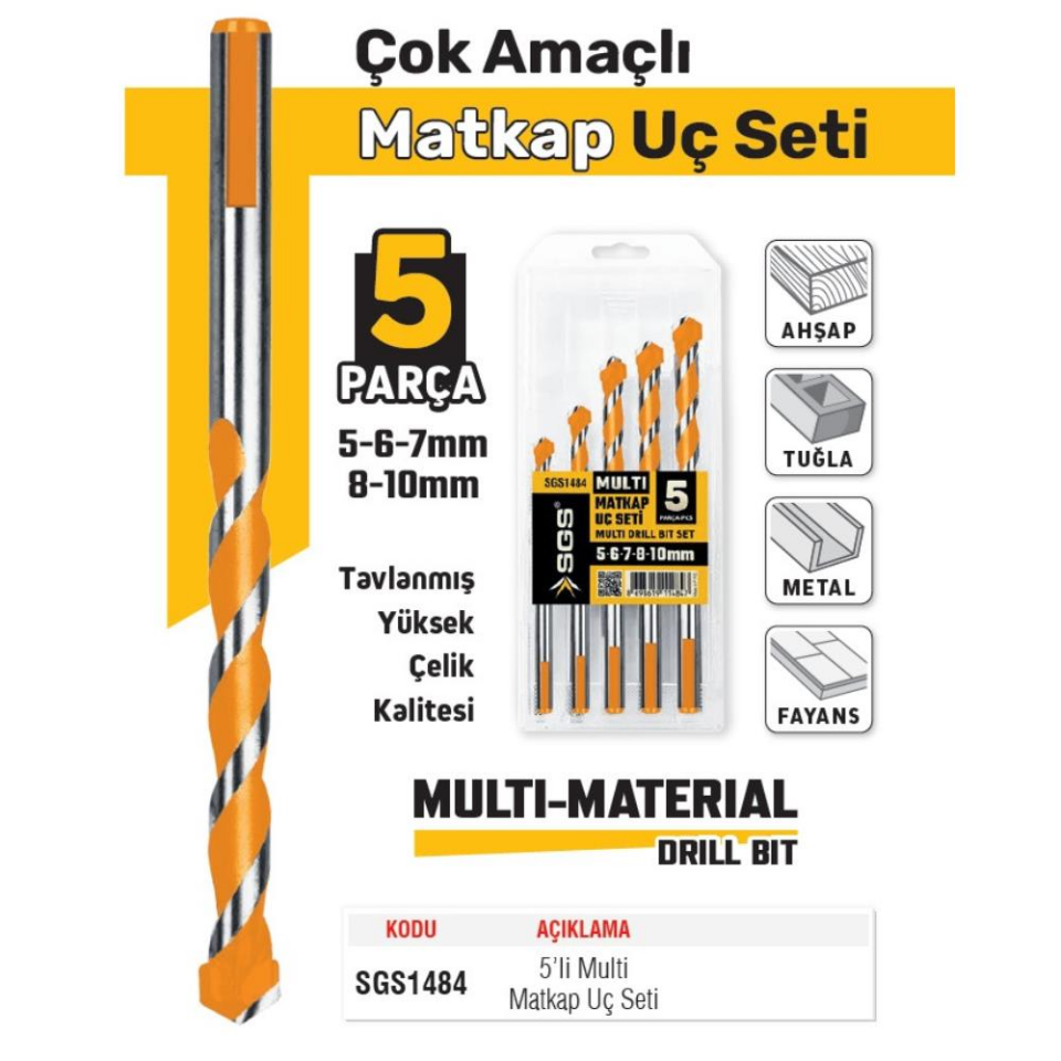 SGS Multi Matkap Ucu Seti - Ahşap-Tuğla-Metal-Fayans-Seramik - 5-6-7-8-10 mm. - 5 Parça