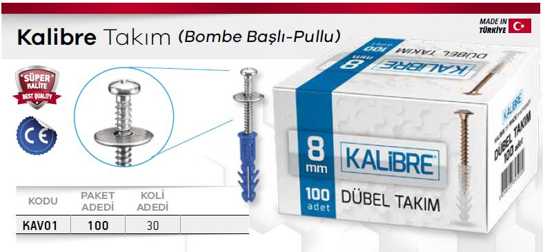 Made Kalibre Dübel Vida Takımı Bombe Başlı Pullu 8 mm. - 100 Adet