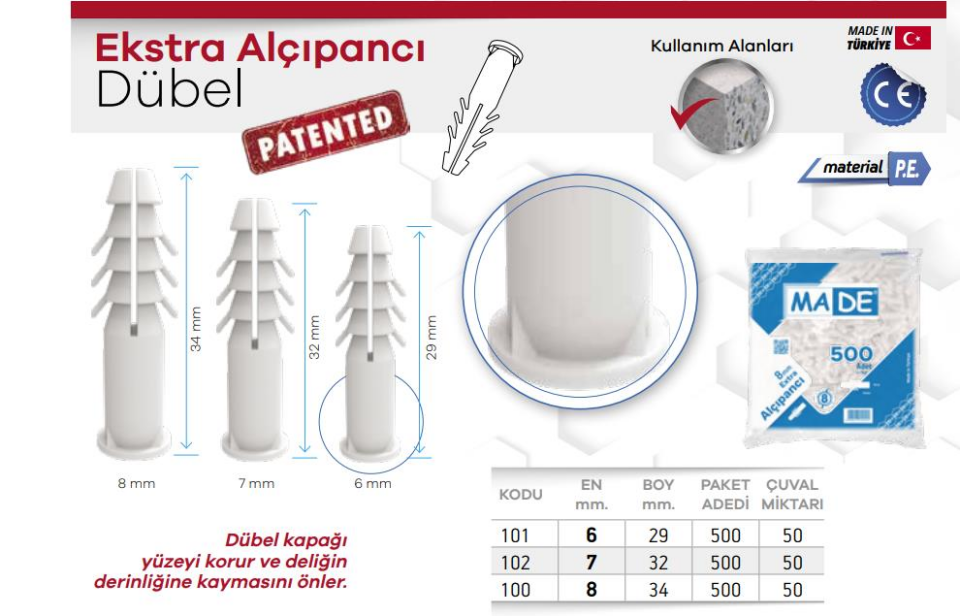 Made Extra Pul Başlı Alçıpan Dübeli - No: 8 - 500 Adet