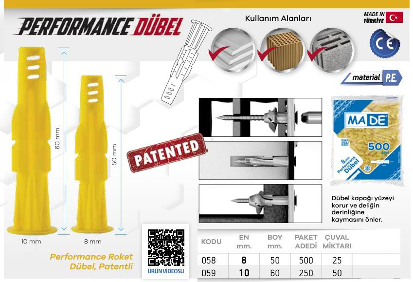 Made Performans Roket Dübel - No: 8 - 500 Adet