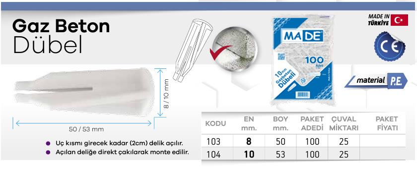 Made Şapkalı Gaz Beton Ytong Dübeli - No: 10 - 100 Adet