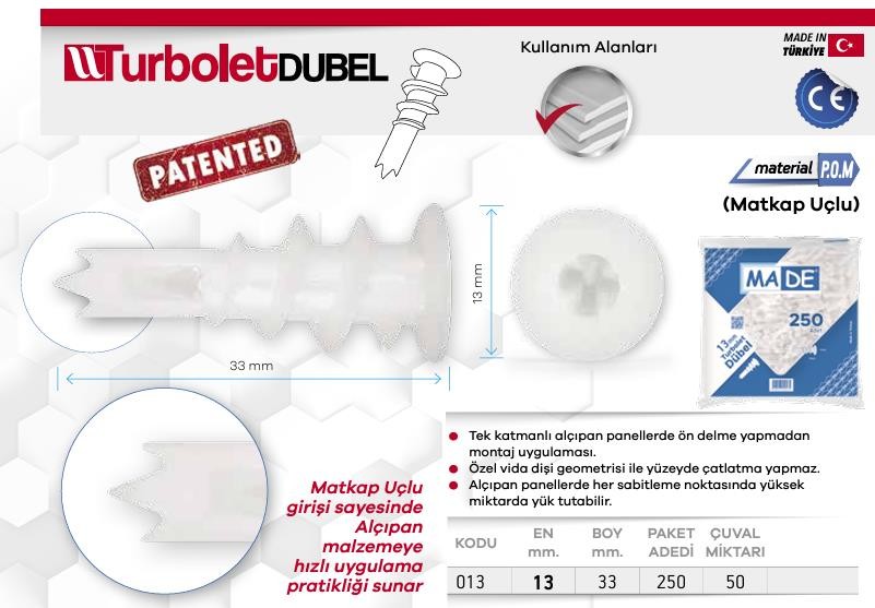 Made Turbolet Matkap Uçlu Plastik Dübel - No: 13 - 100 Adet