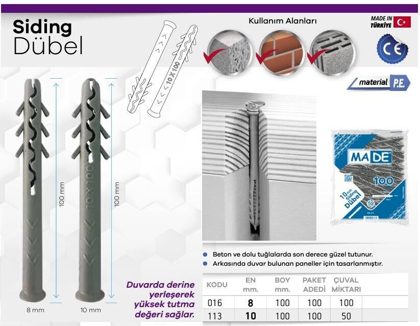 Made Uzun Siding Dübeli - No: 10 - 100 Adet