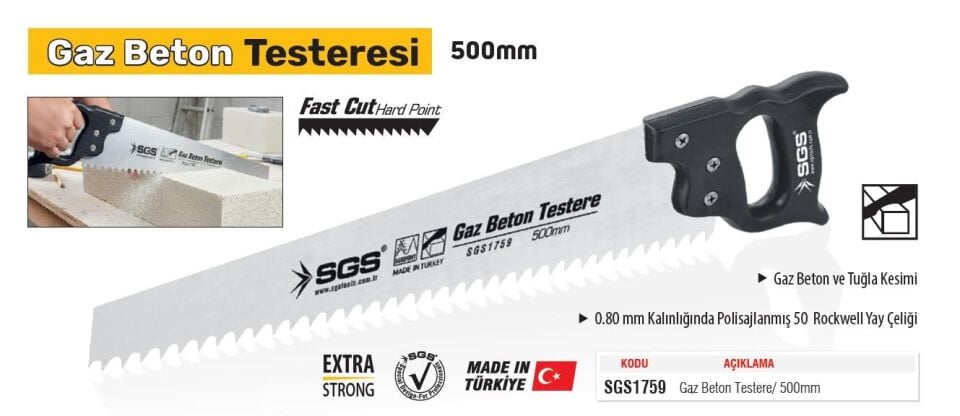 SGS Çelik Gaz Beton Tuğla Briket Testeresi 500 mm.