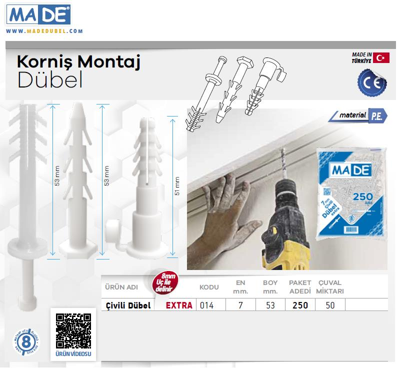 Made Extra Plastik Çivili Korniş Montaj Dübeli 7 mm. - 500 Adet