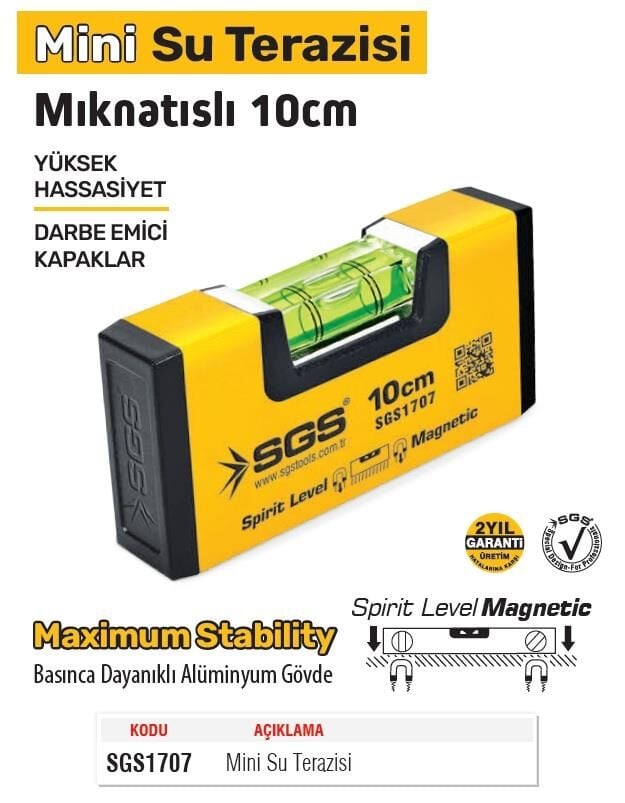 SGS Mıknatıslı Mini Su Terazisi Alüminyum 10 cm.