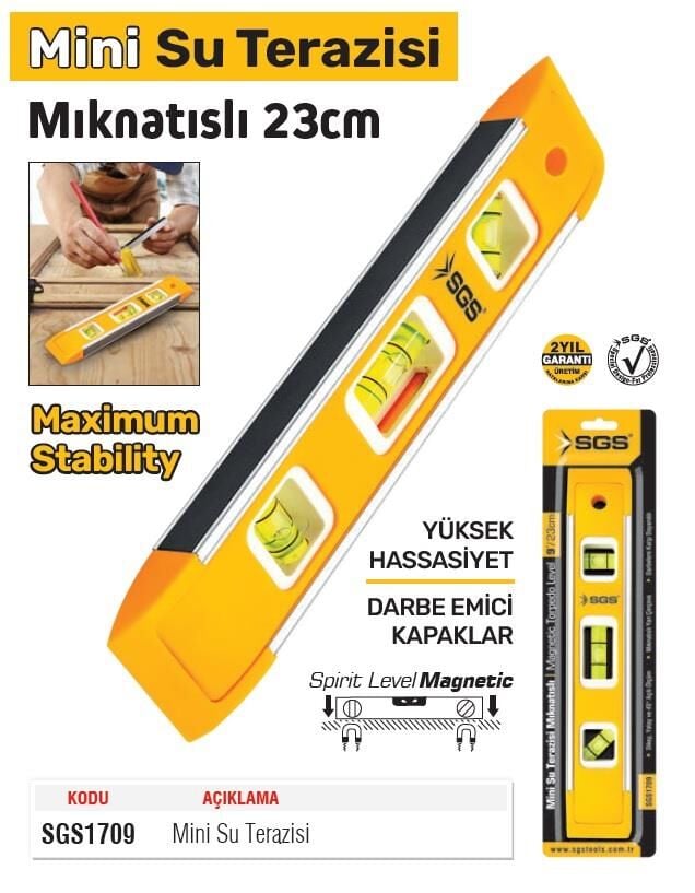 SGS Mıknatıslı Mini Su Terazisi Alüminyum 23 cm.