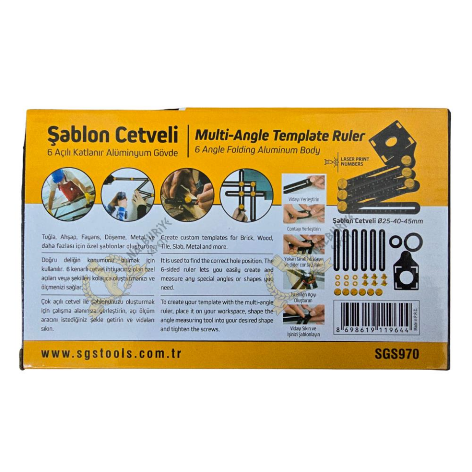 SGS 6 Açılı Katlanır Pozisyon Şablon Cetveli 3x 25-40-45 mm.