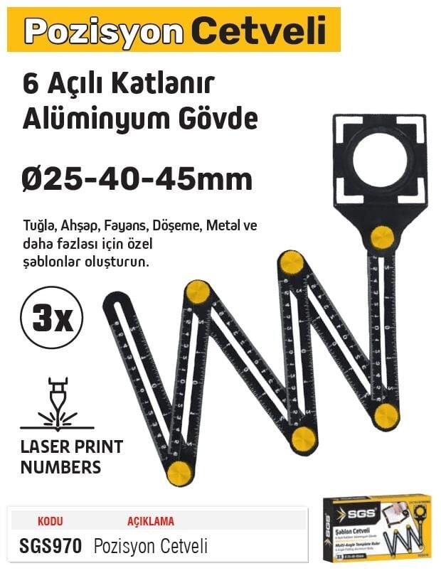SGS 6 Açılı Katlanır Pozisyon Şablon Cetveli 3x 25-40-45 mm.