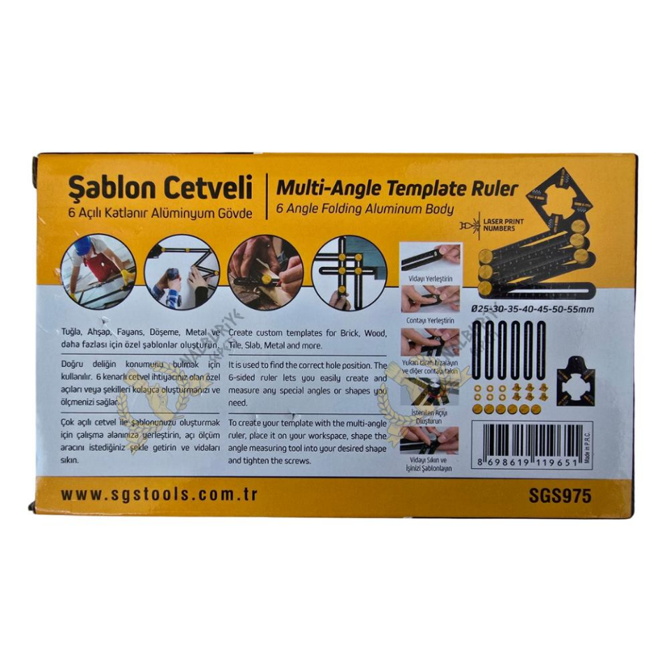 SGS 6 Açılı Katlanır Pozisyon Şablon Cetveli 7x 25-30-35-40-45-50-55 mm.
