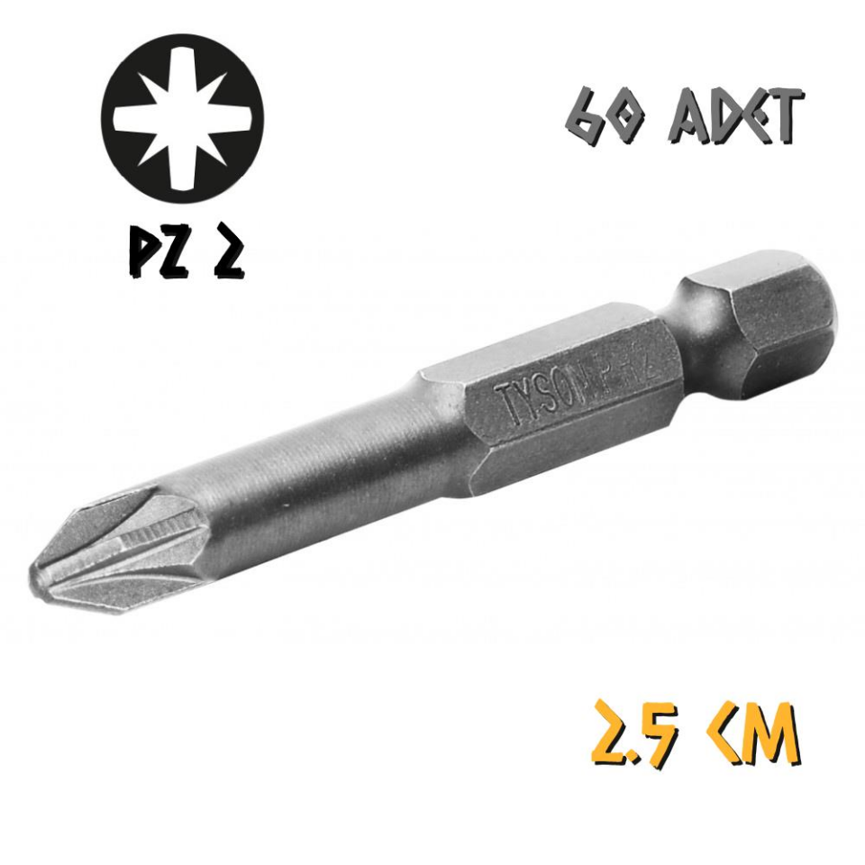 Kupa Tyson Vidalama Ucu Bits Uç - PZ2 Yıldız - 2.5 cm. - 60 Adet
