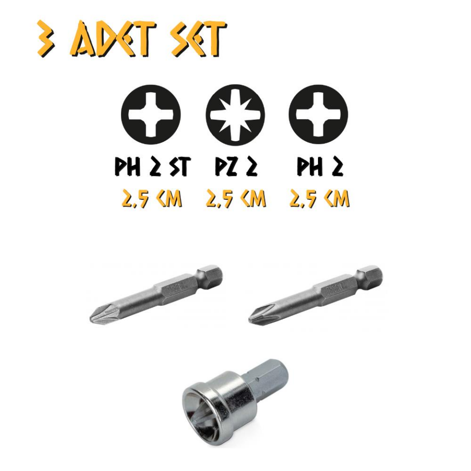 Kupa Tyson Bits Uç Seti 3 Parça - PH2 - PZ2 - PH2 Stoplu - 2.5 cm.