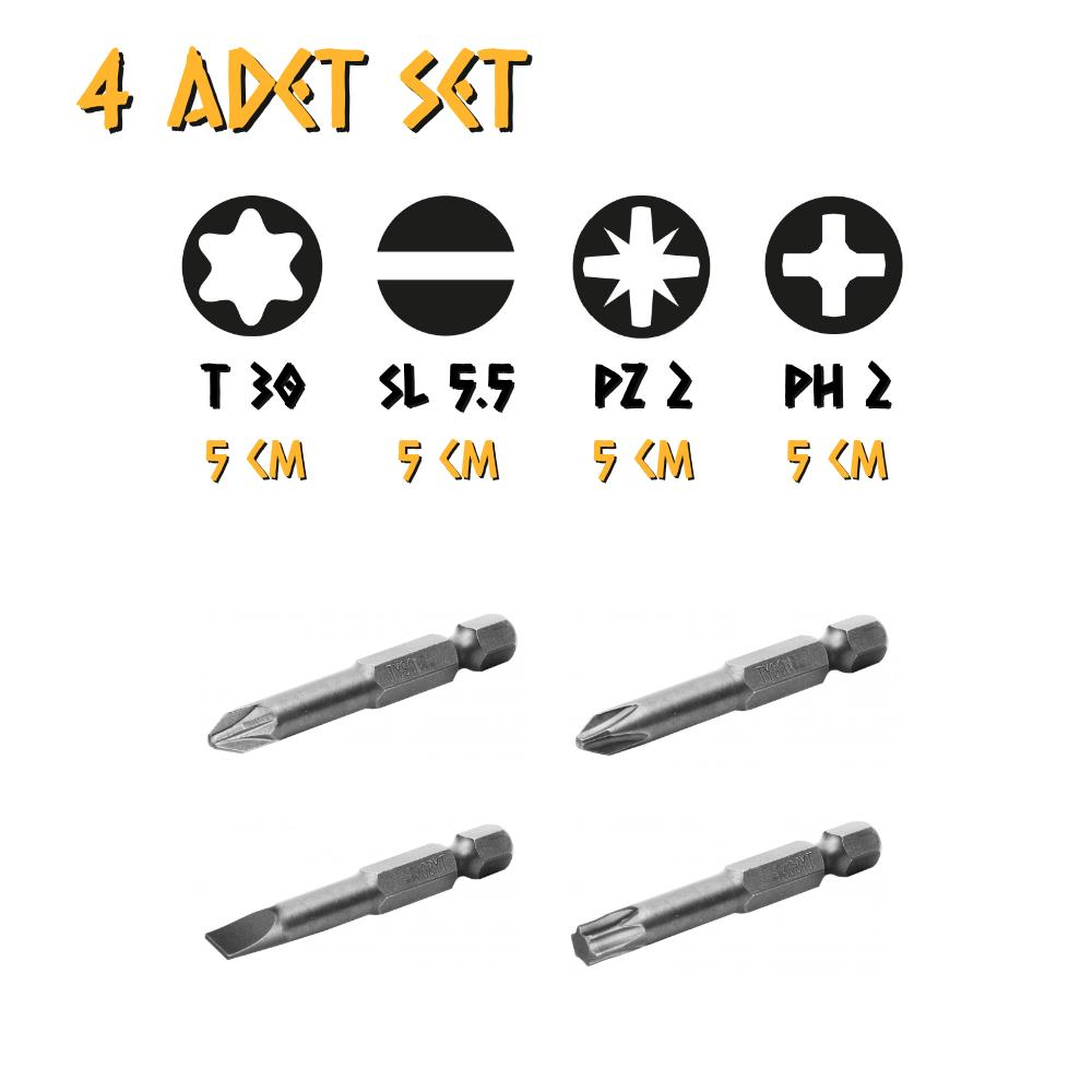 Kupa Tyson Bits Uç Seti 4 Parça - PH2 - PZ2 - DÜZ - TORK - 5 cm.