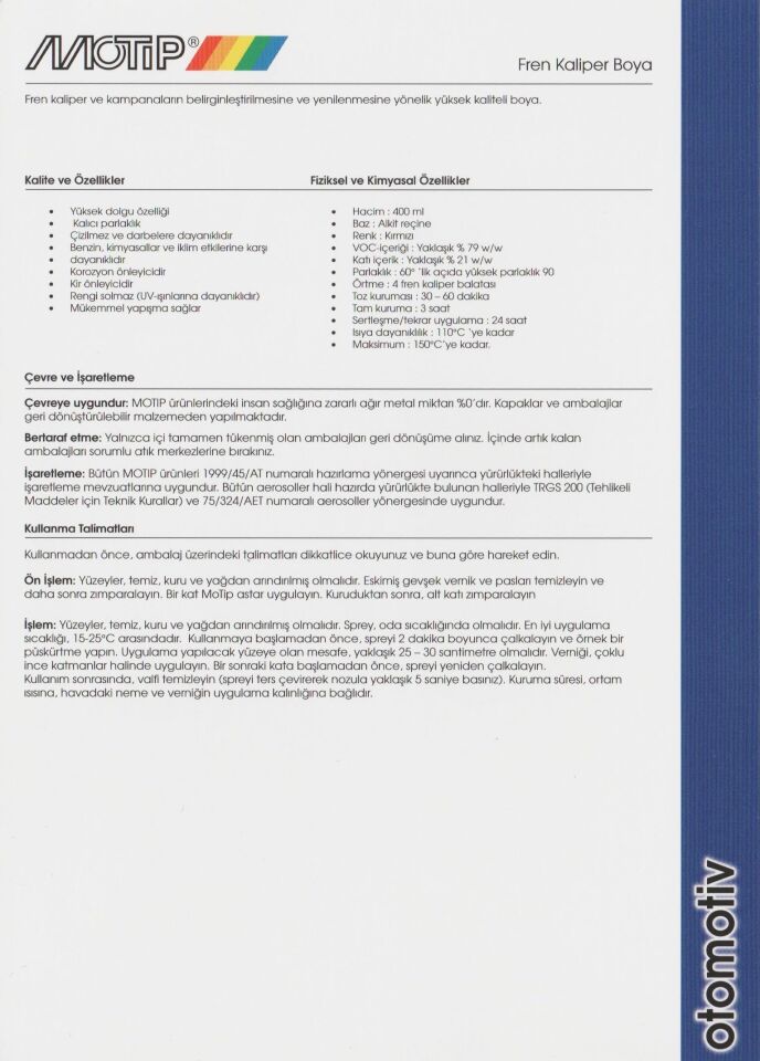 Motip Isıya Dayanıklı Kaliper Sprey Boya PARLAK SARI 400 ml