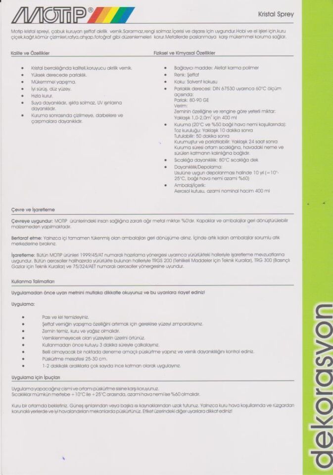 Motip Kristal ŞEFFAF PARLAK VERNİK Sprey 400 ml.