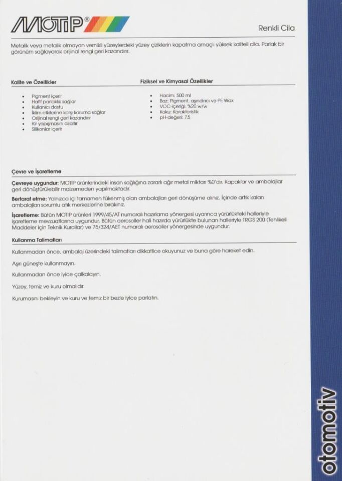 Motip Color Polish Renkli Oto Cila KIRMIZI 500 ml - 000752
