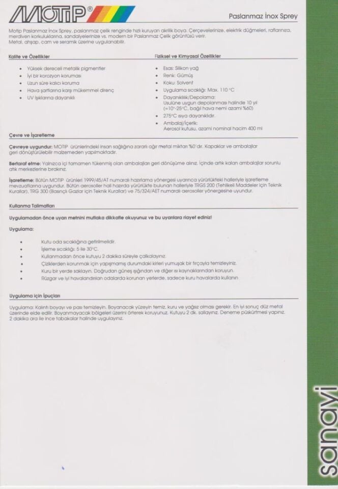 Motip Isıya Dayanıklı Paslanmaz İnox Spreyi 400 ml.