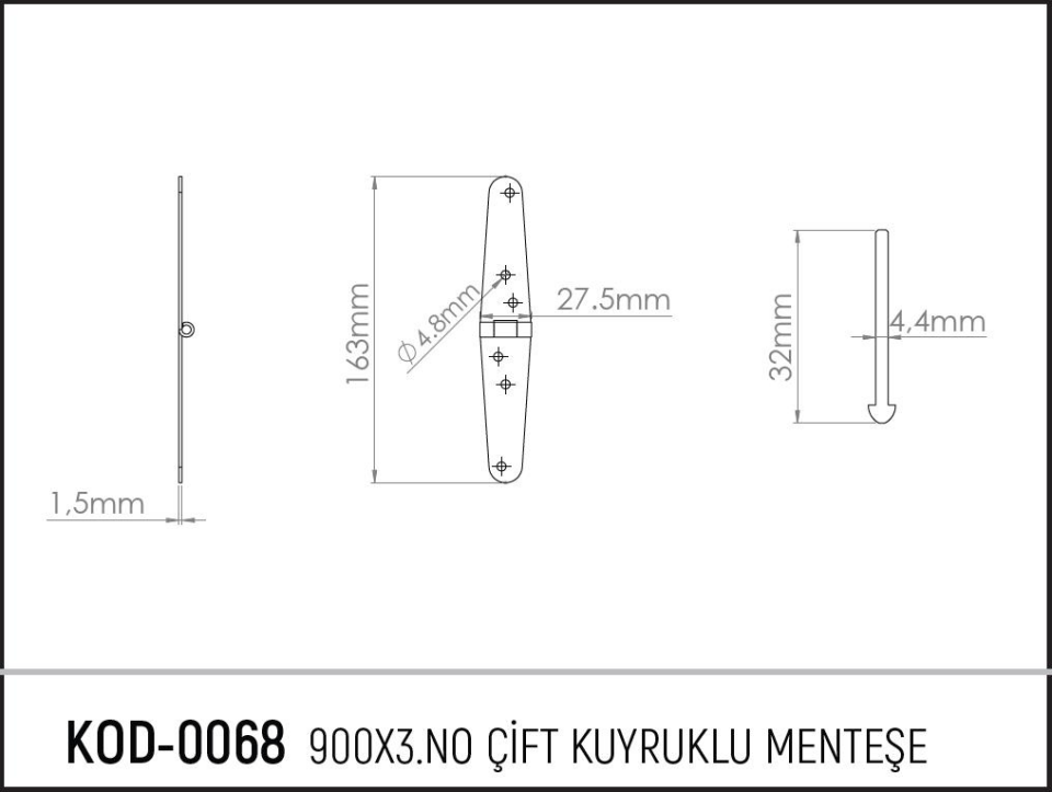 Koral Çift Kuyruklu Menteşe No: 900-3 - 6.5 cm. - 4 Adet
