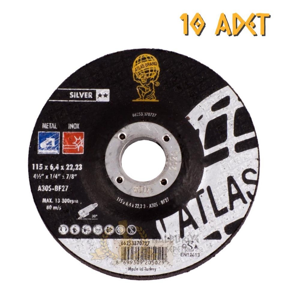 Atlas A30S-BF27 Metal İnox Daire Taşlama Taşı 6,4 x 115 mm, - 10 Adet