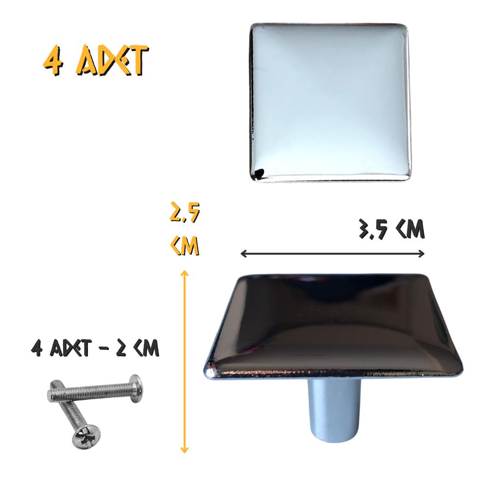 Koral Dolap Çekmece Düğme Kulp Kare Saten - 4 Adet