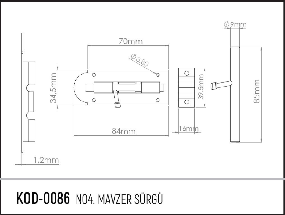 Koral Mavzer Sürgü No: 4 - 8.5 cm. - 12 Adet