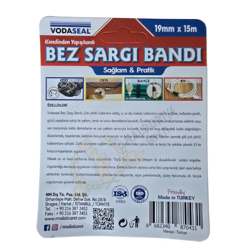 VodaSeal Yapışkanlı Bez Sargı Bandı Kablo Toplayıcı - 19 mm x 15 mt.