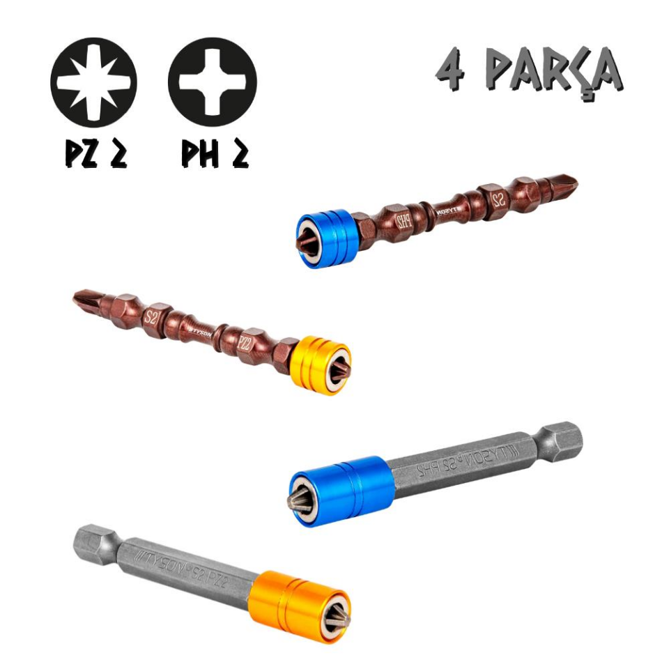 Kupa Tyson Mıknatıslı Bits Uç Seti - Çift ve Tek Yönlü - PH2 ve PZ2 - 4 Parça