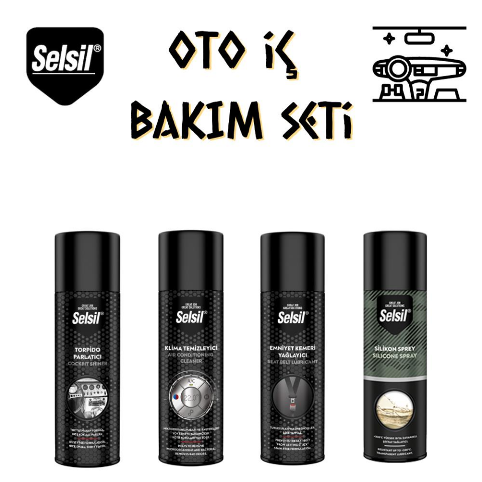 Selsil Oto İç Bakım Seti 4 Parça (Klima-Torpido-Kemer-Silikon Spreyi)