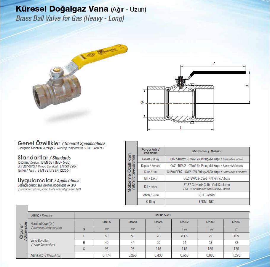 Türkoğlu Küresel Doğalgaz Vanası Standart - TS EN 331 - DN20 3/4'' - 1 Adet