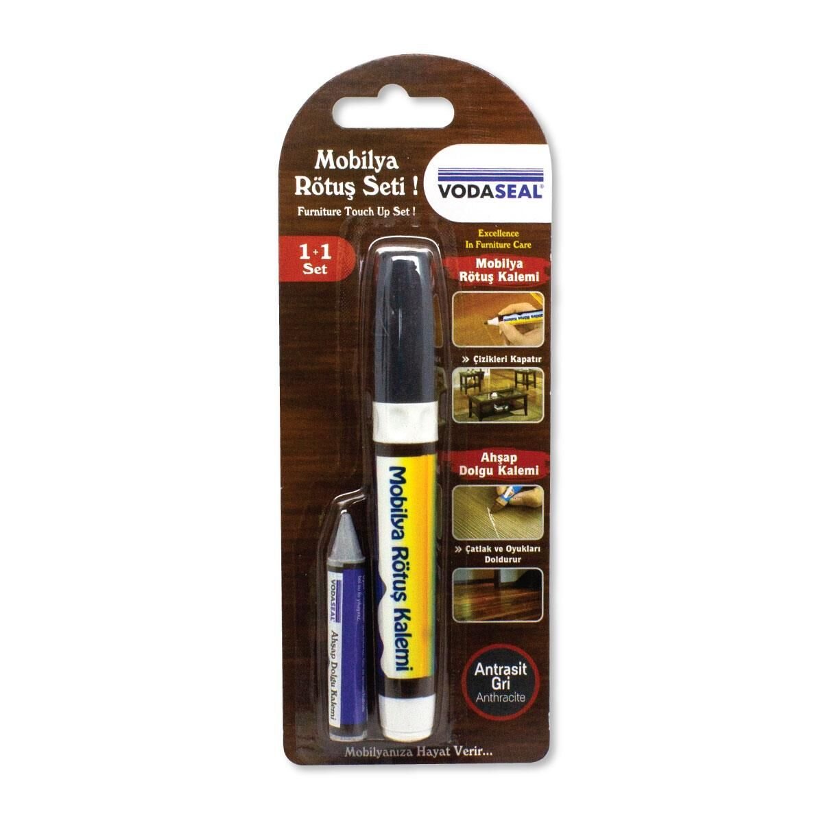 VodaSeal İkili Mobilya Rötüş Seti - Dolgu ve Rötuş Kalemi - Antrasit Gri