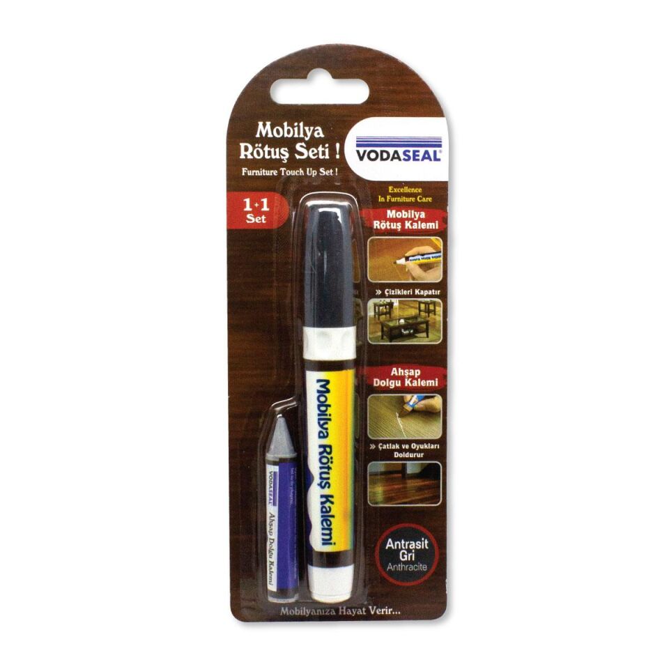 VodaSeal İkili Mobilya Rötüş Seti - Dolgu ve Rötuş Kalemi - Antrasit Gri