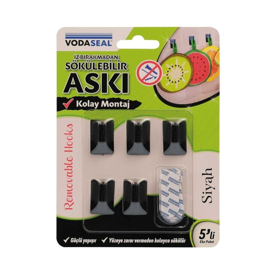 VodaSeal İz Bırakmadan Sökülebilir Küçük Askı - 5 Parça - Siyah