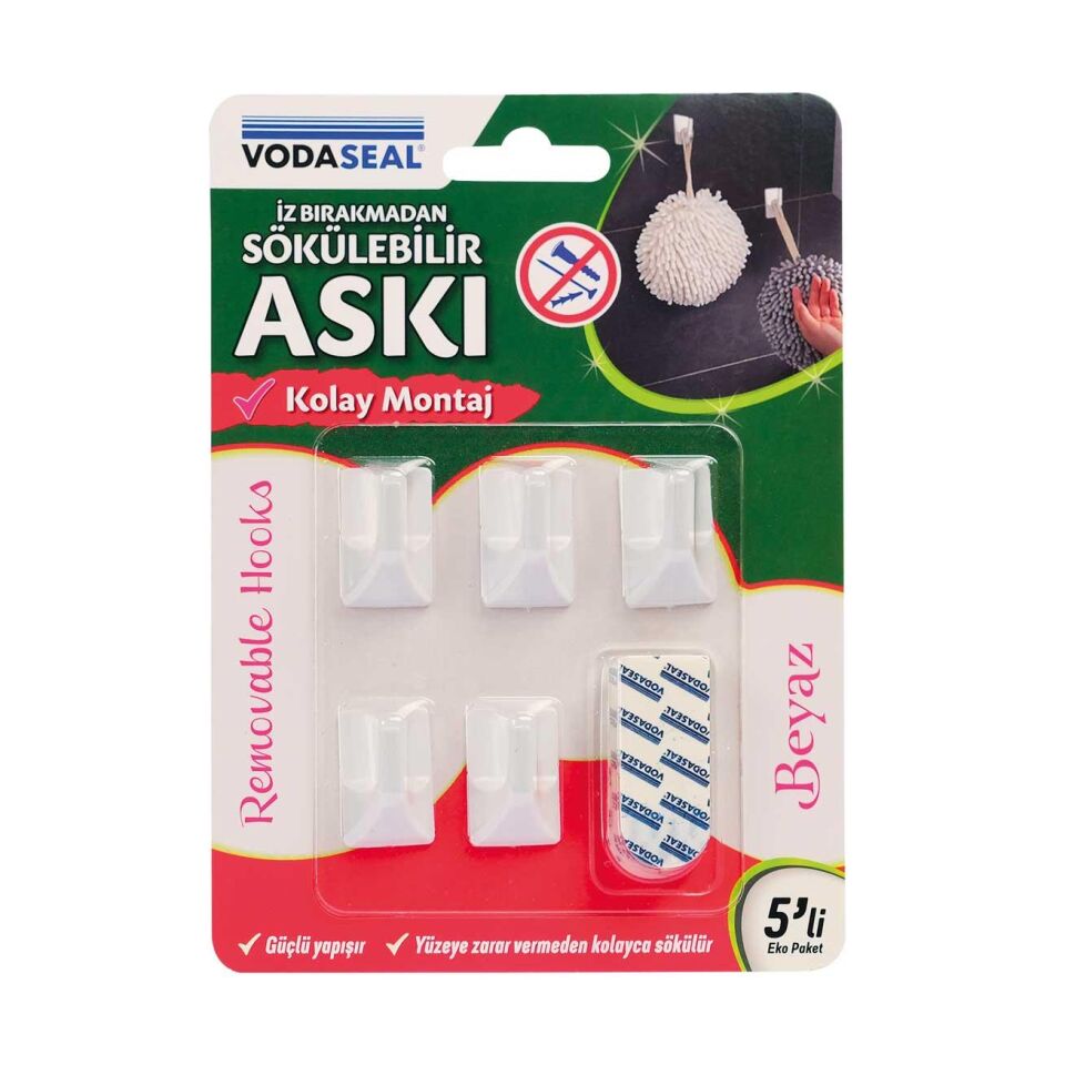 VodaSeal İz Bırakmadan Sökülebilir Küçük Askı - 5 Parça - Beyaz