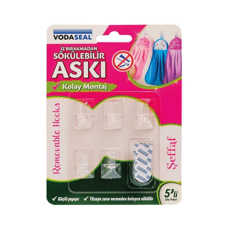 VodaSeal İz Bırakmadan Sökülebilir Küçük Askı - 5 Parça - Şeffaf