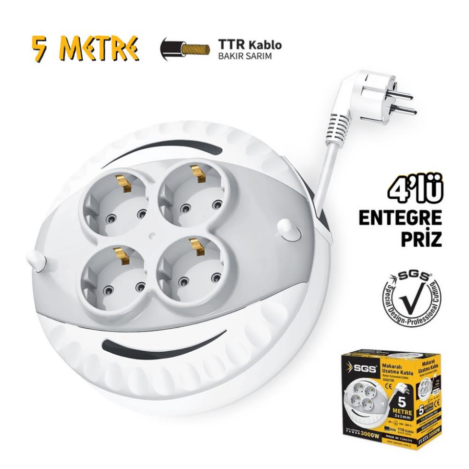 SGS Saklı Kablolu Makaralı Uzatma Kablosu Beyaz TTR 3x1 - 4 Priz - 5 mt.