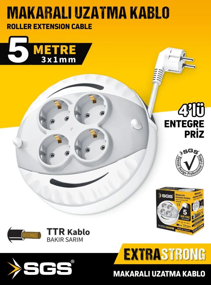 SGS Saklı Kablolu Makaralı Uzatma Kablosu Beyaz TTR 3x1 - 4 Priz - 5 mt.